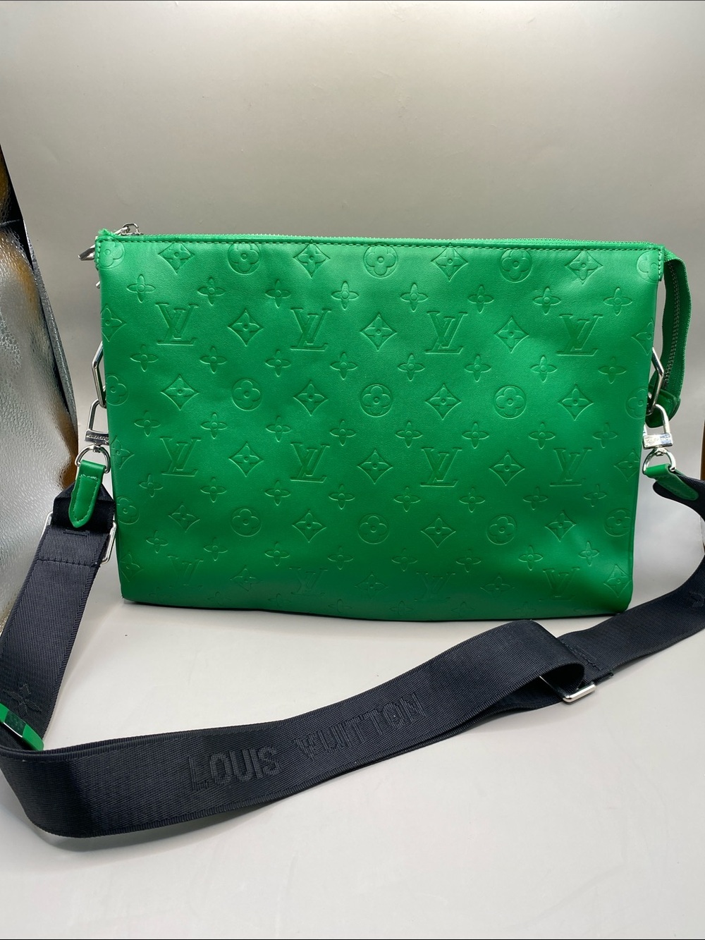 Louis Vuitton Green Embossed Monogram Crossbody Pouch with Black Strap